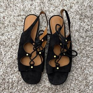 Chloé Black Suede Lace-Up Slingback Sandals with Gold Studs